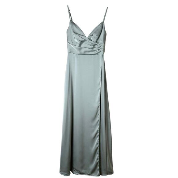 Azazie Calissa Mist A-Line V-Neck Pleated Stretch Satin Dress Bridesmaid Gown A0 - Picture 2 of 13